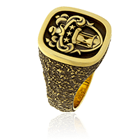 Wappenring mit mehrteiligem Familienwappen in Gelbgold