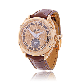 Gremlin Herrenuhr in Rot- und Weissgold mit rotbraunem Lederarmband angefertigt auf Kundenwunsch. Männerschmuck kaufen in Zürich bei der Goldschmiede OBSESSION.