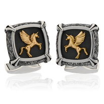 Manschettenknöpfe aus Edelstahl und Rotgold mit Pegasus Logo aus der Gremlin Kollektion. Herrenschmuck kaufen in Zürich bei der Goldschmiede OBSESSION.