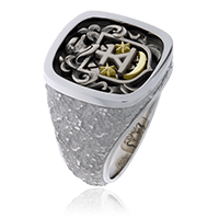 Wappenring mit aufwendigem, dreidimensionalem Familienwappen in Weissgold und Gelbgold