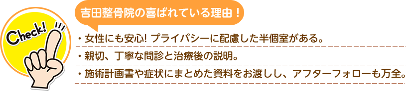 吉田整骨院が喜ばれている理由 ・女性にも安心。プライバシーに配慮した半個室がある ・親切、丁寧な問診と治療後の説明 ・施術計画書や症状にまとめた資料をお渡しし、アフターフォローも万全。