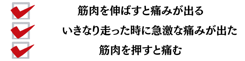筋肉を伸ばすと痛みが出る・いきなり走った時に急激な痛みが出た・筋肉を押すと痛む