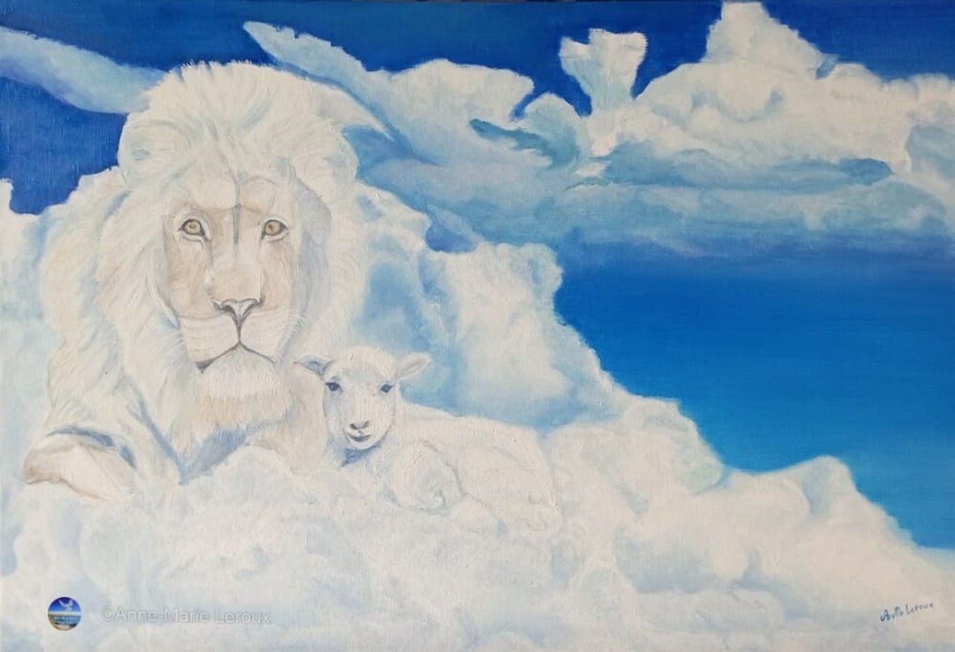 UN LION AVEC UN AGNEAU DANS LES NUAGES AU CIEL