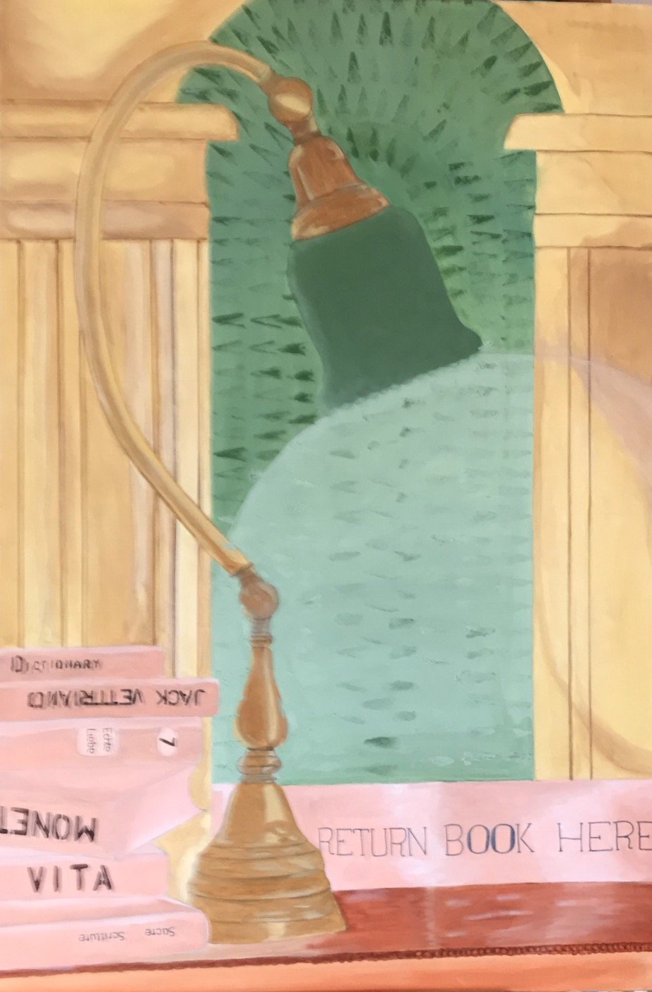 Biblioteca con lampada; Ausleihbibliothek mit Lampe; 120 x 80 cm; pittura ad oiio/Ölbild