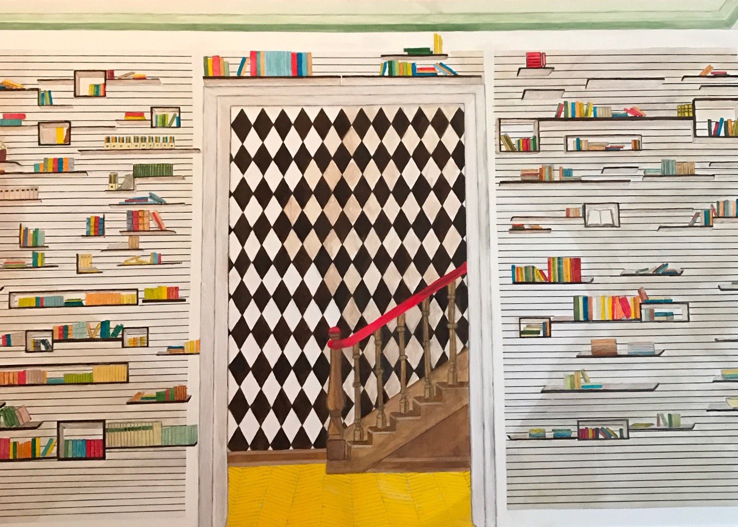 biblioteca ombrata; Bibliothek mit Karomuster; 120 x 80 cm; pittura ad olio/Ölbild