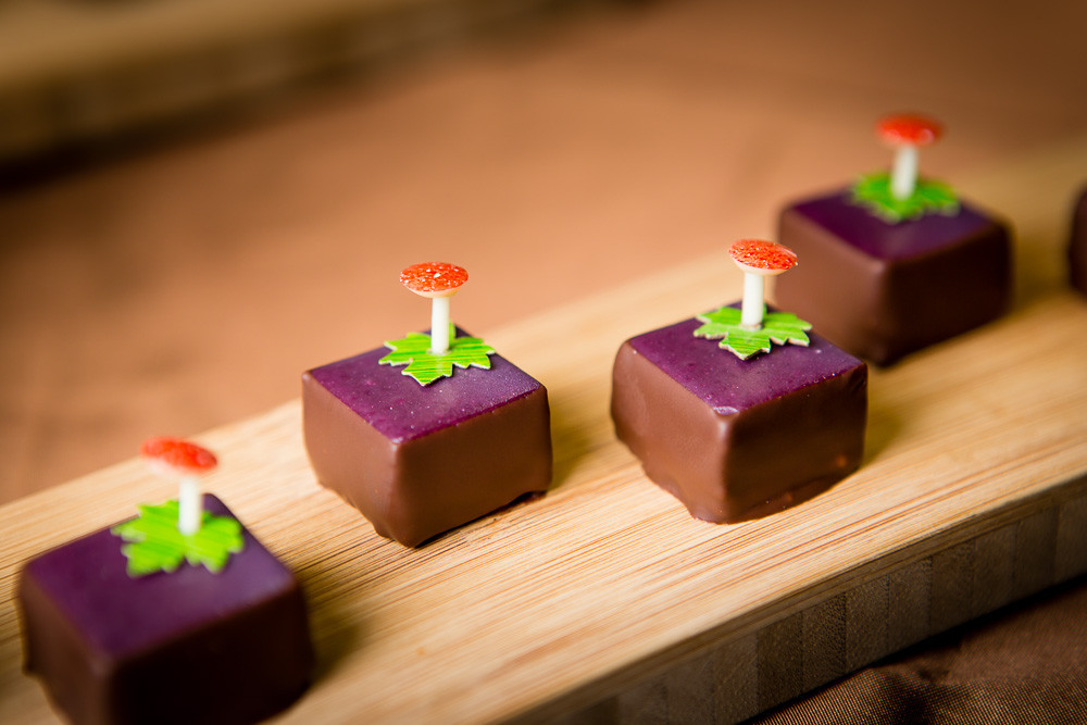 Cassis, Pfefferminz mit Haselnusscrunch: Bestes geschnittenes Praliné am Swiss Chocolat Masters 2013 in Bern. Hergestellt von Vanessa Schnyder