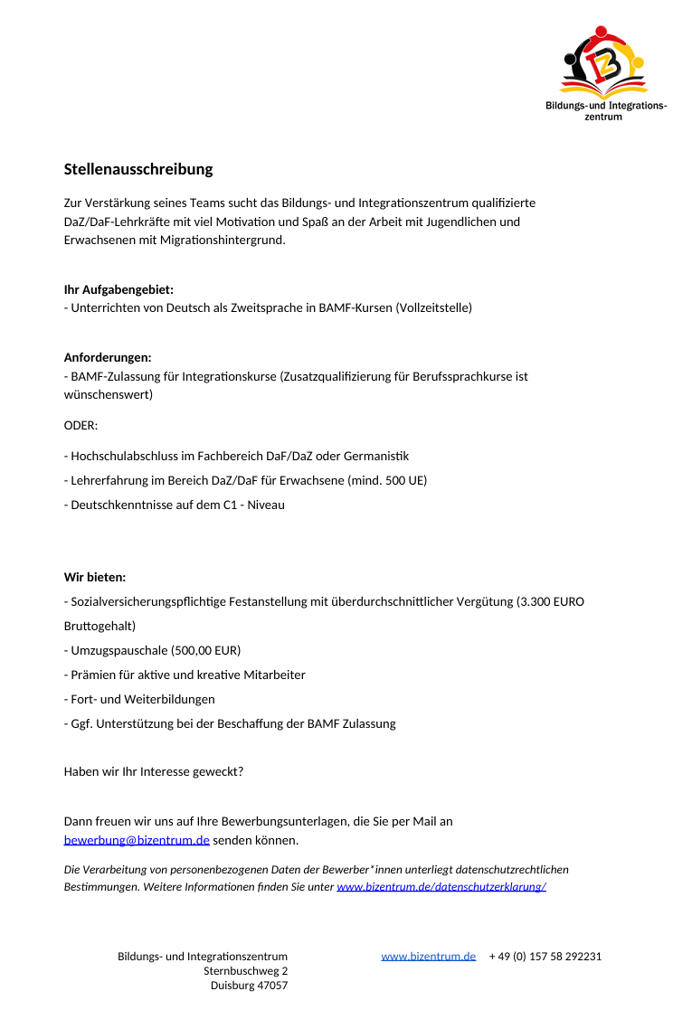 Lehkraft für Integrationskurse gesucht