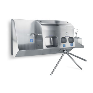 Eingangskontrolle mit Handwäsche, Hand-Trockner und Desinfektion