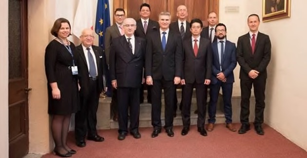 Symposium Speakers and Panellists including: Dr Awni Behnam (second from the left), HE Minister Carmelo Abela, Ministry for Foreign Affairs and Trade Promotion, Government of Malta (centre).  Photo Credit: Ministry for Foreign Affairs and Trade Promotion