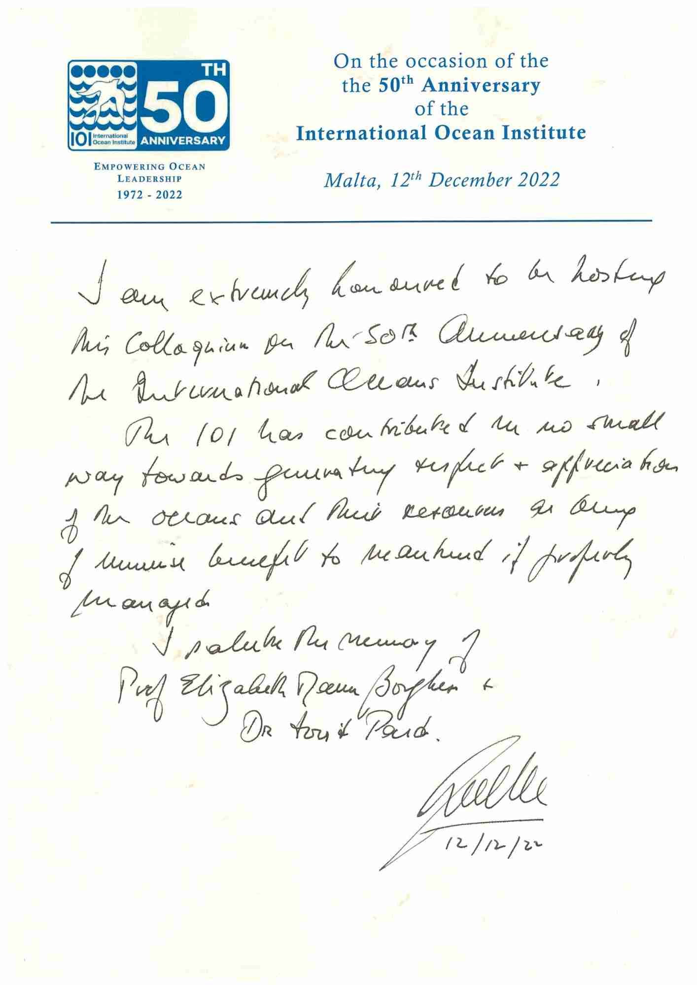 H.E. George Vella Appreciation Note