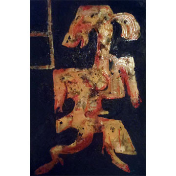 Artist: Roger Hose | "Woman with City View" | 2005 | Gum Leaves, Oil and Canvas | H:760 x W:510mm | Price: $800.00