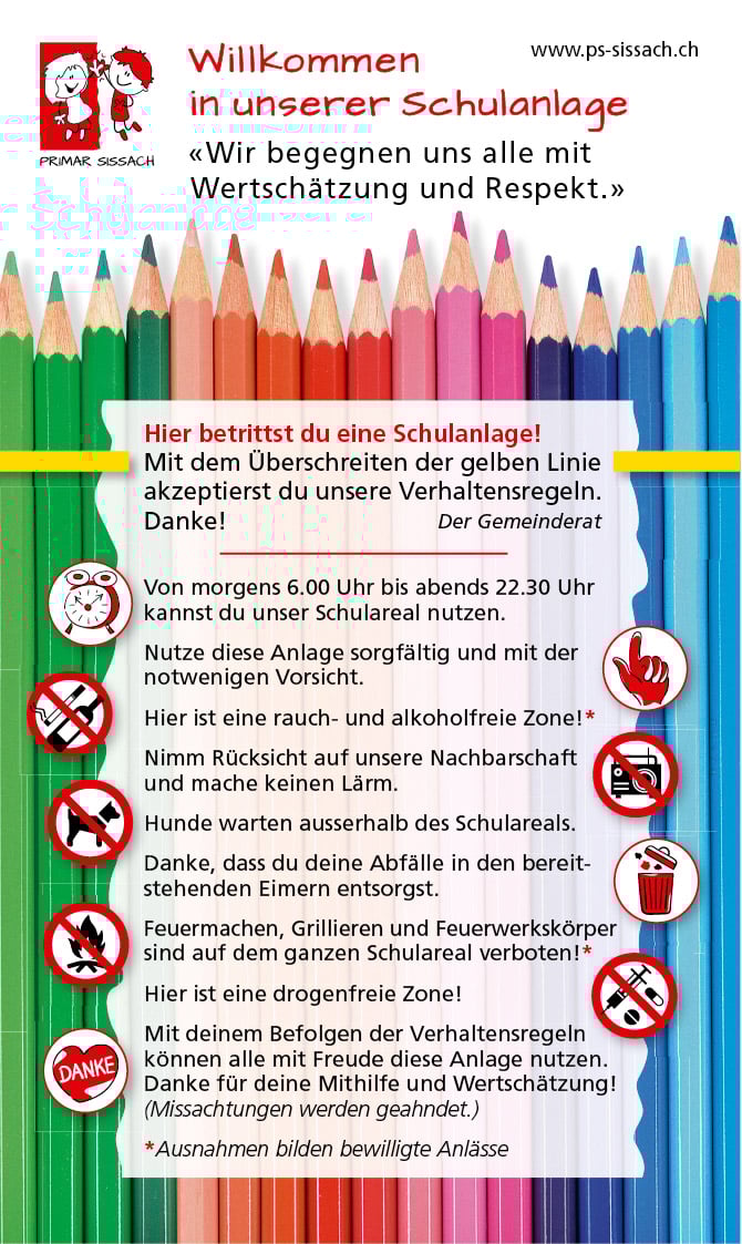 Design Schild Verhaltensregeln Schulen der Gemeinde Sissach
