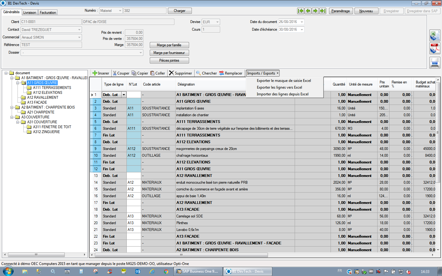 écran de saisie de devis avec menu d'import/export depuis Excel