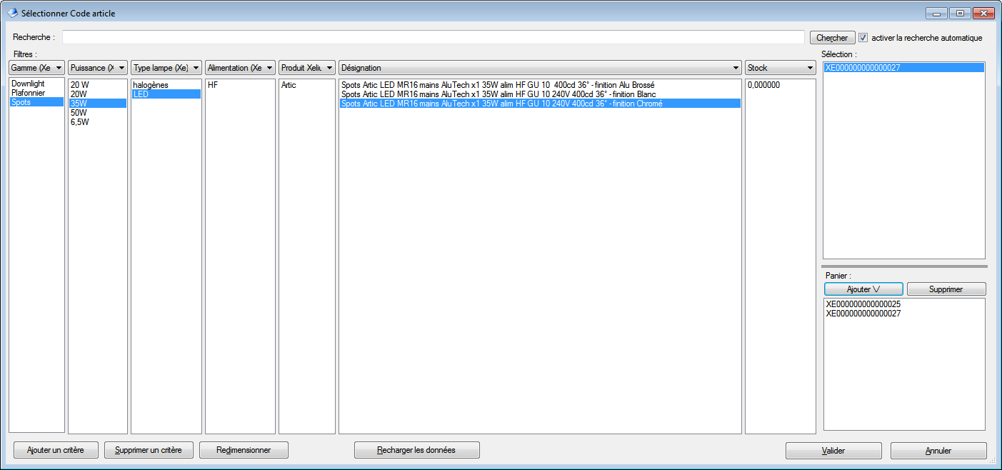 fenêtre de recherche d'article par arborescence