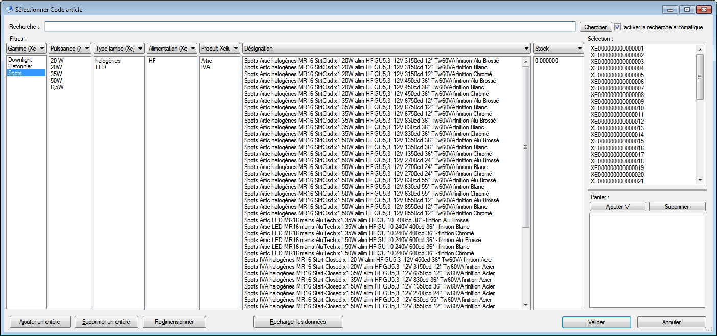 fenêtre de recherche d'article par arborescence