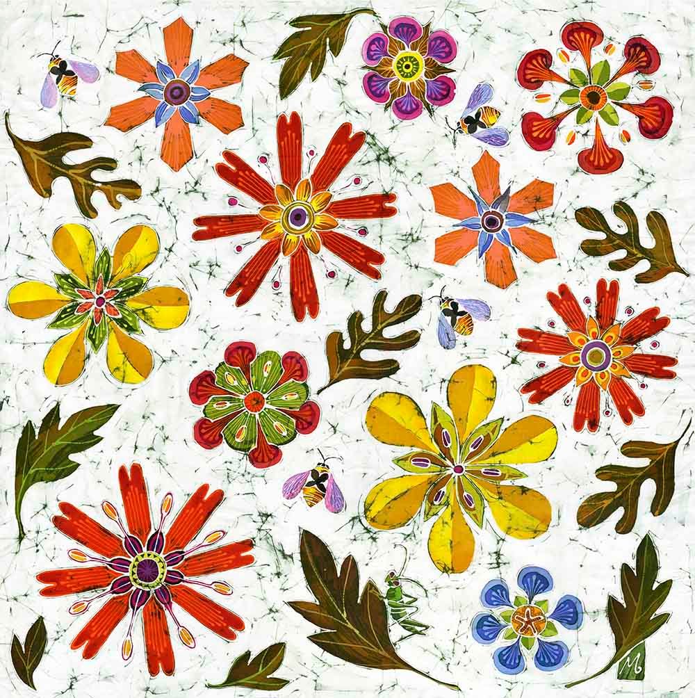 Bees in the Jewel Garden botanical flower art bee friendly insect vibrant colour batik painting print