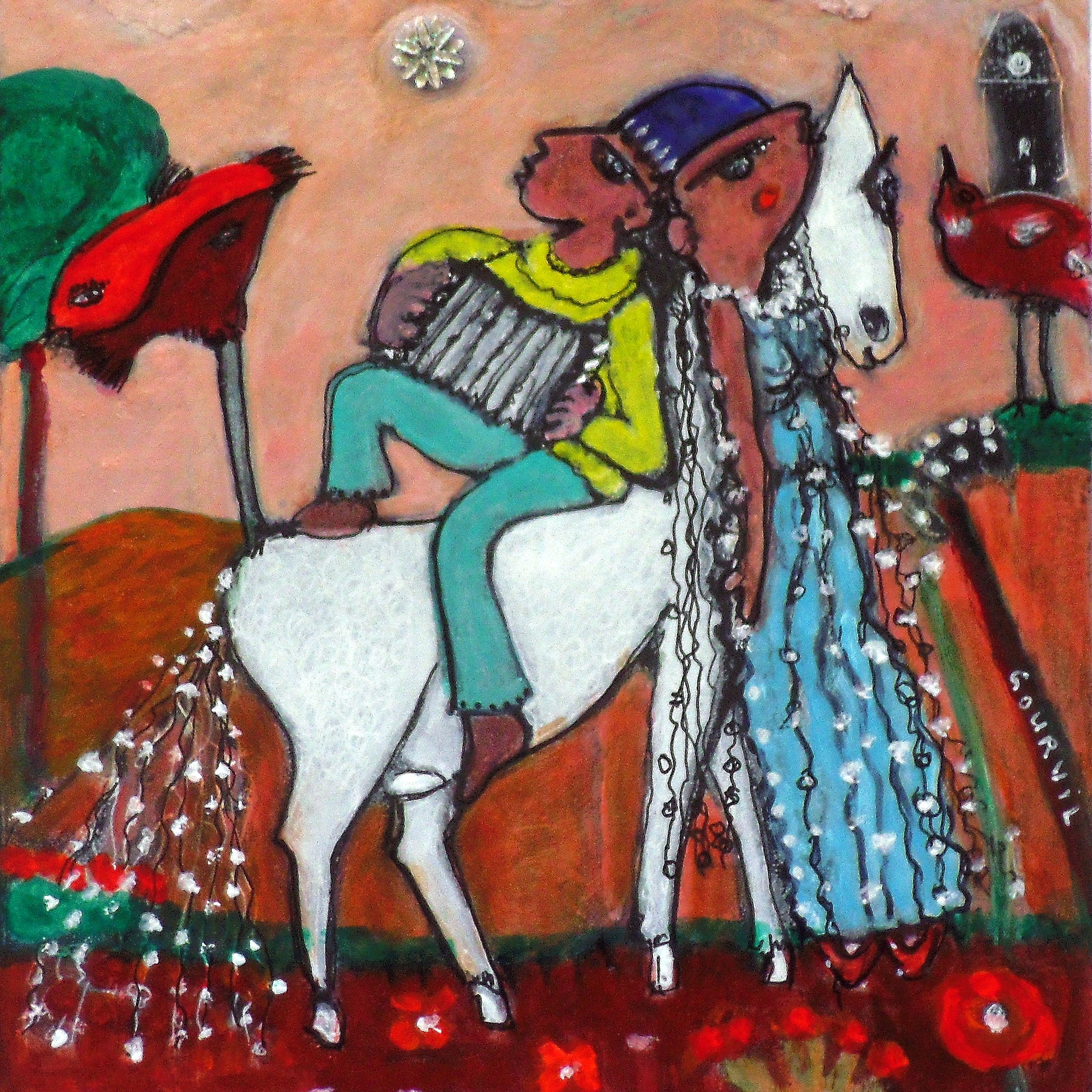 « Dans la nuit blanche », 40x30 cm, gravure n° 12 sur 15, encre, gesso, feutre, acrylique, collage papier sur papier collé sur carton. Oeuvre de Geneviève Gourvil