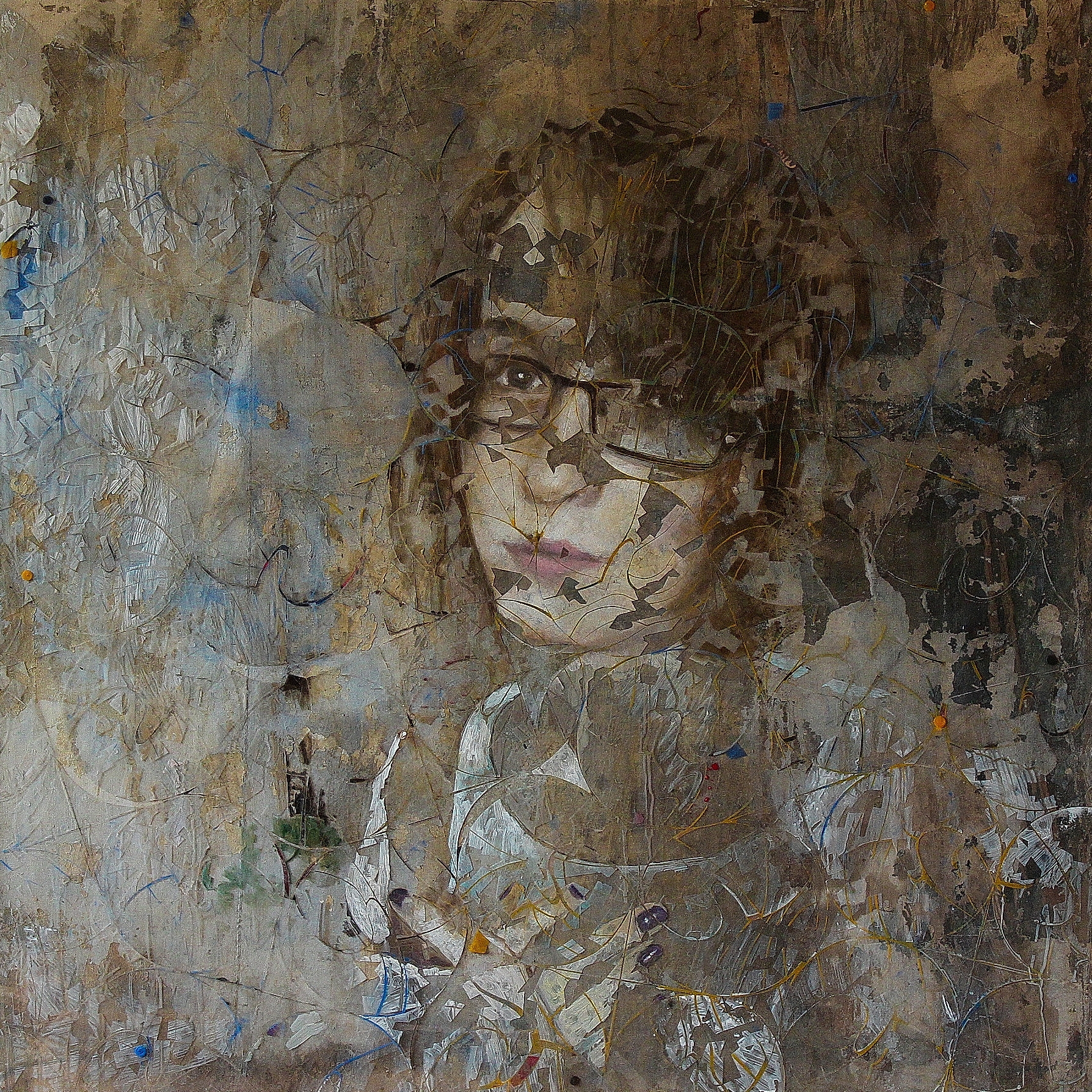 “Faux semblant “, collage, scotch, transparent, acrylique sous plexi, 146x135 cm. Jean-Noël Crépin