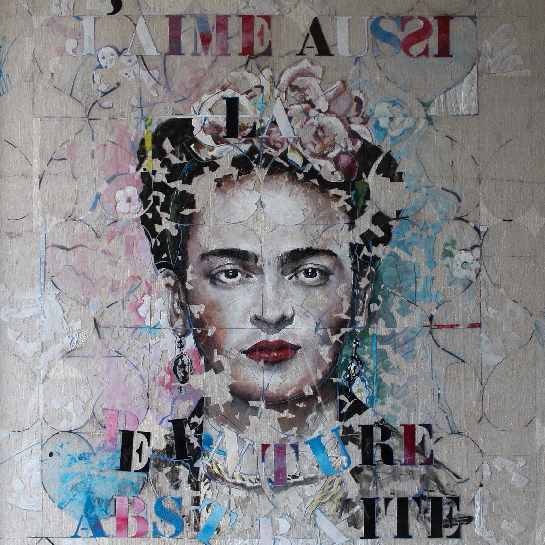 "Frida dans tous ses états", collage, scotch, transparent, acrylique sous plexi, 109x117 cm. Jean-Noël Crépin