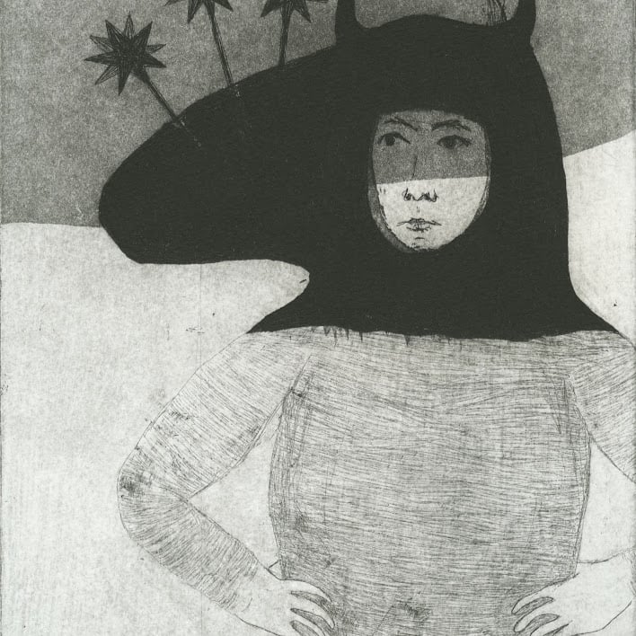 "Guerrière" - eau forte pointe sèche - 15 x 22 cm - 2019. Oeuvre de Bilitis Farreny