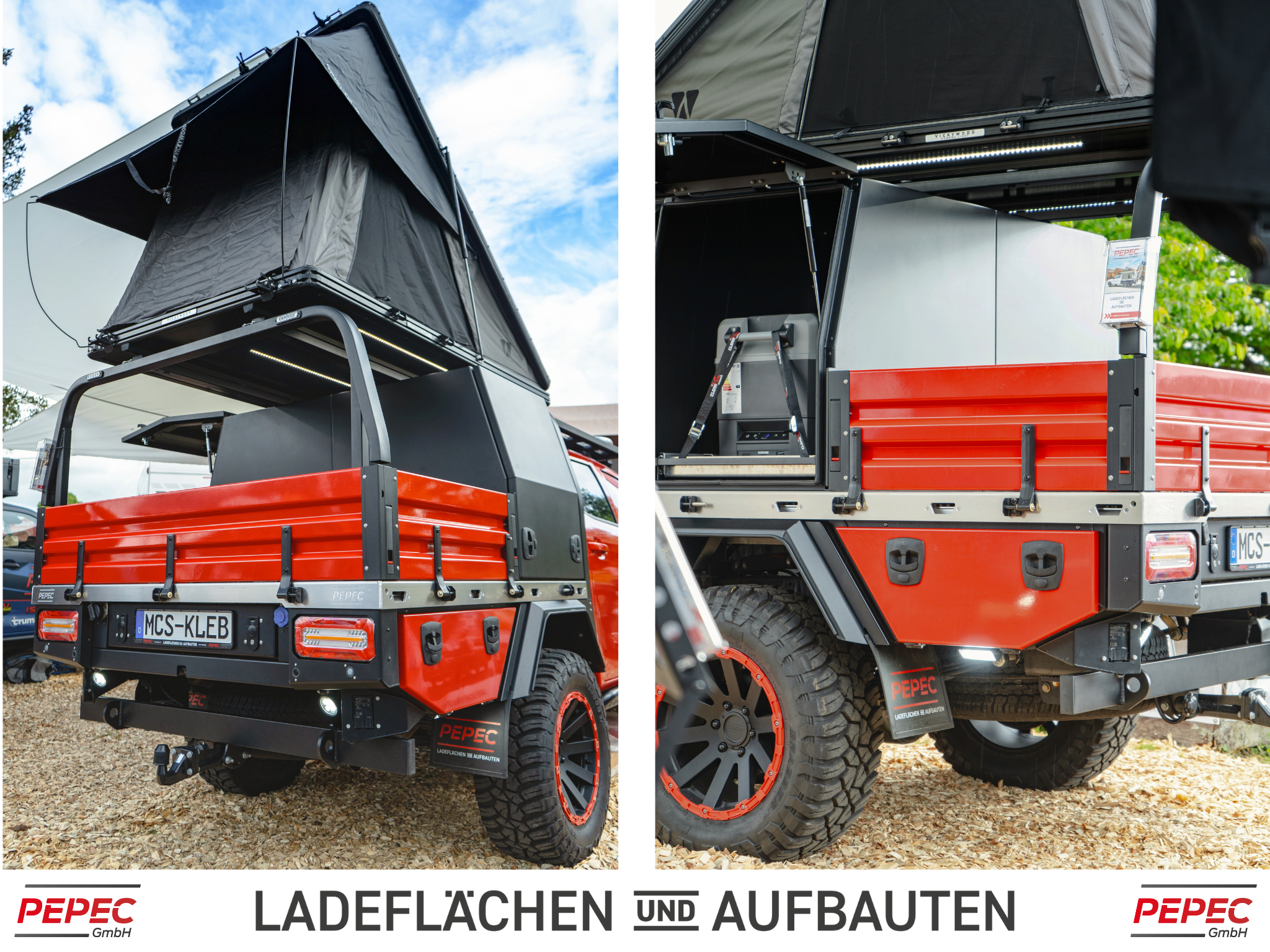 Pickup-Ladefläche mit lackierten Bordwänden, Basic Box und Zubehör für Camper, wie Dachzelt und Kühlbox für Abenteuerreisen