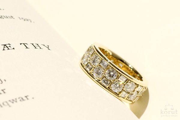 バゲットカットとラウンドカットのダイヤモンドを使用した18金イエローゴールドリフォームリング2