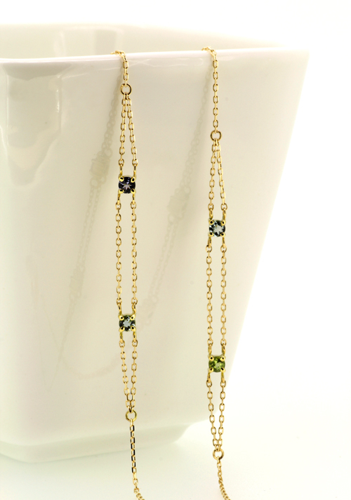 フルオーダーメイドブレスレット完成写真、18金イエローゴールド・タンザナイト・アクアマリン・ペリドット