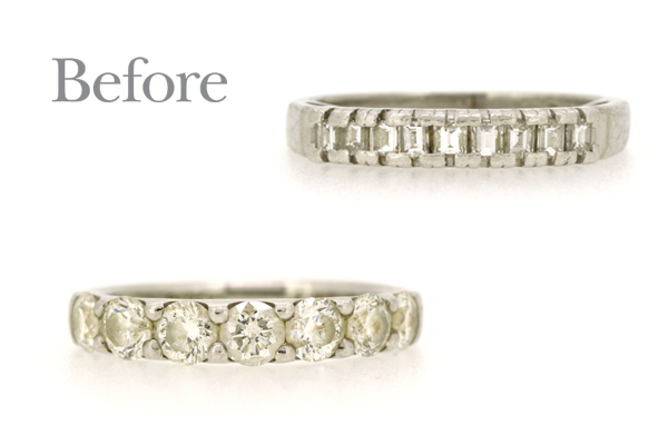 バゲットカットとラウンドカットのダイヤモンドを使用した18金イエローゴールドリフォームリング(リフォーム前)