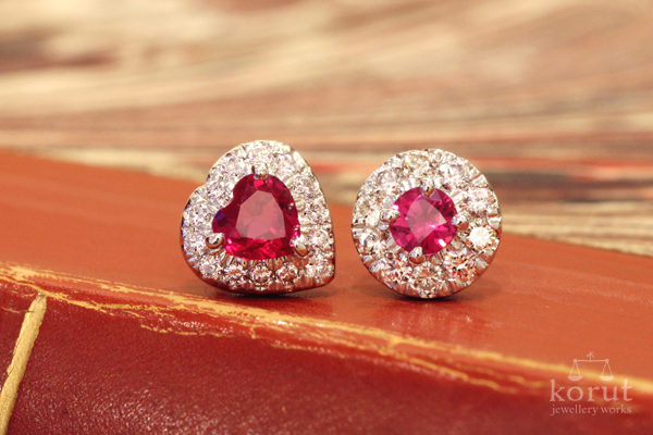 ルビーとダイヤモンドを使用した左右で異なったデザインのリフォームピアス