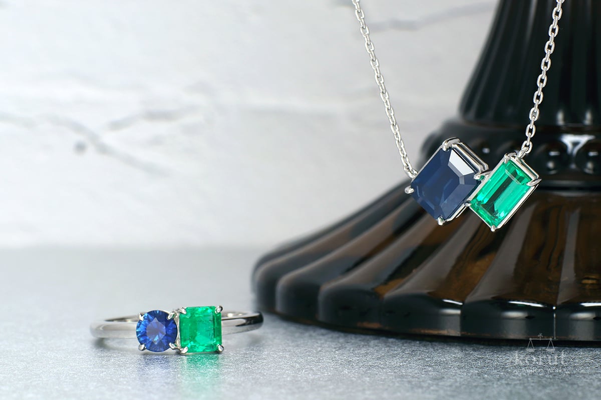 エメラルドとブルーサファイアのリング＆ペンダント