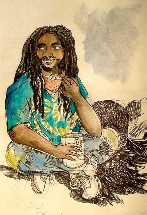 "Magpie" (Hawaii) watercolours & biro, 2014