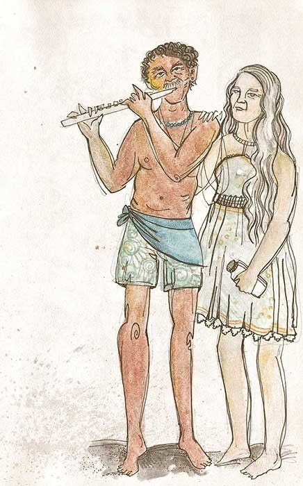 "Kehena flute player" (Hawaii), coloured pencils & fineliner, 2014
