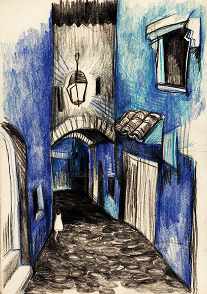 "Night Street Chefchaouen" (Morocco), pencil & coloured pencils, 2015