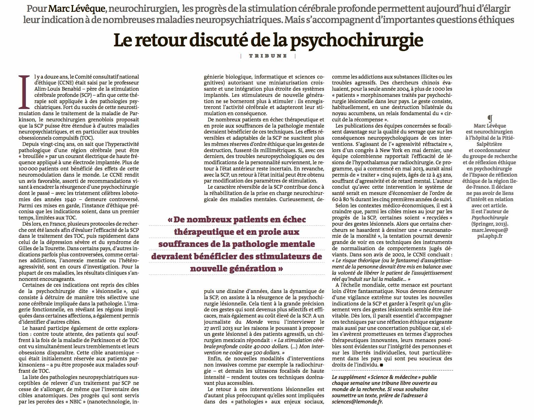 Le Monde - Le retour discuté de la psychochirurgie - 25/08/14   