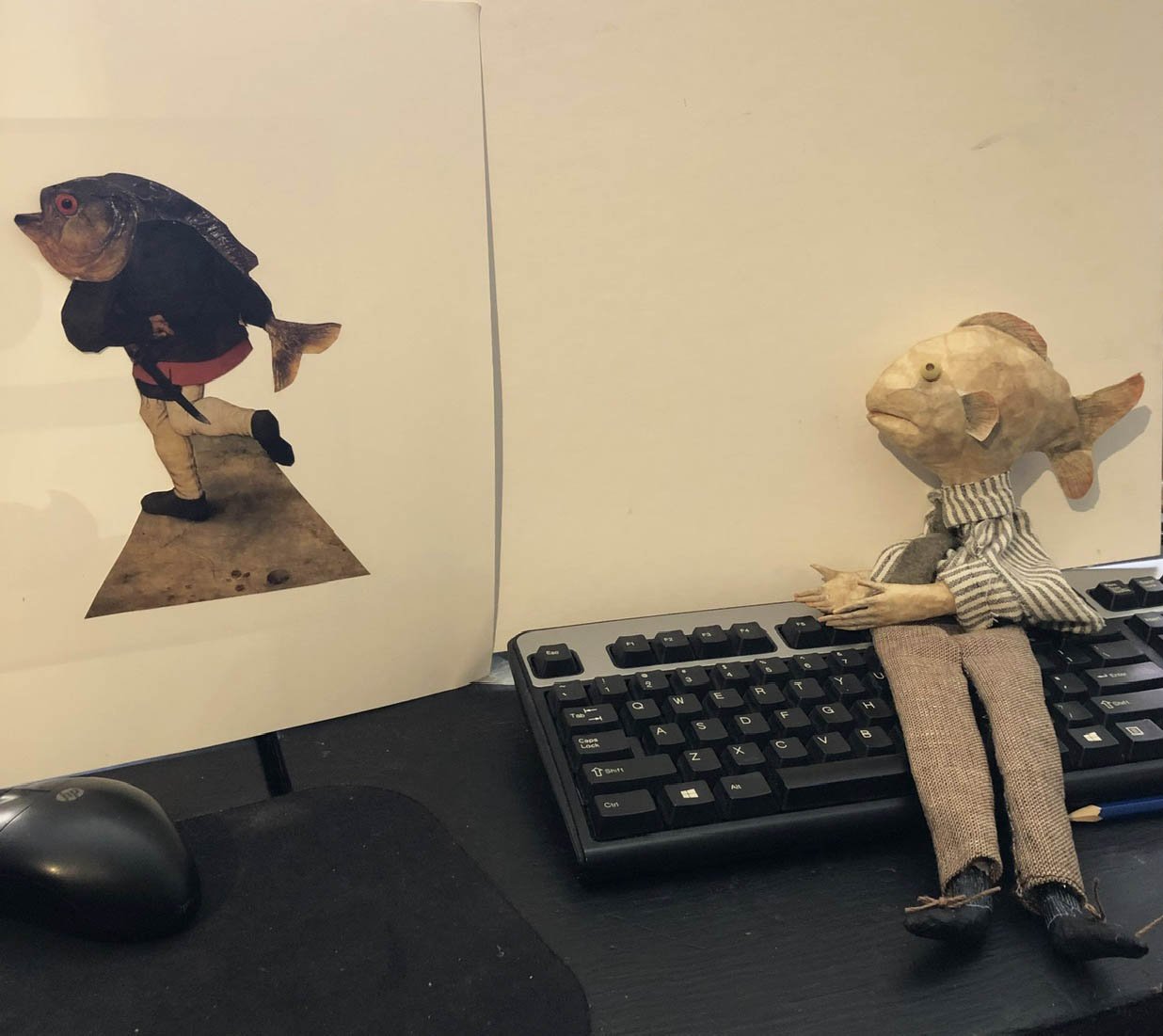 Collage by deborah harris, Paper mache puppet by Sae Kimura