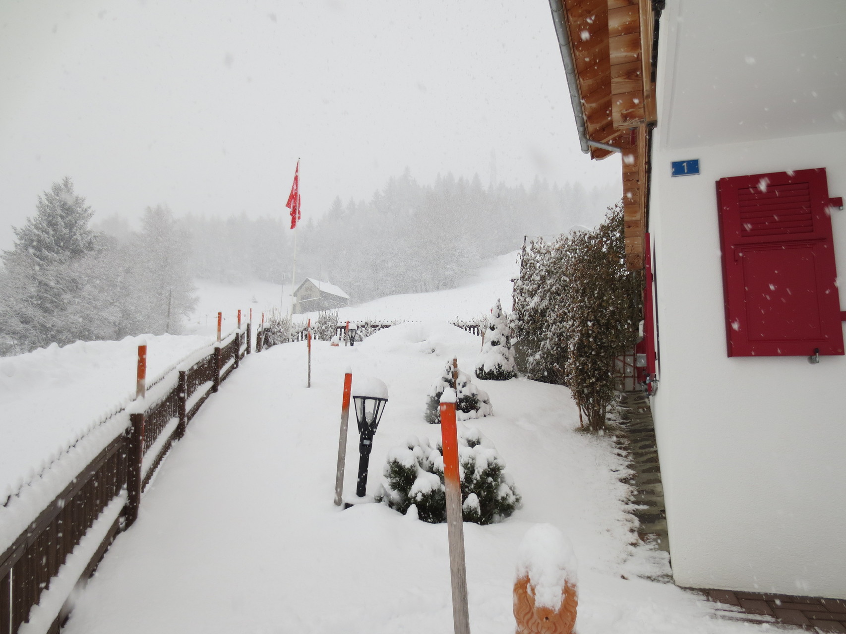 Blick auf den Vorgarten des Chalet Hanny, ca. 1250 M.ü.M. (unsere Residenz in Unterbäch).