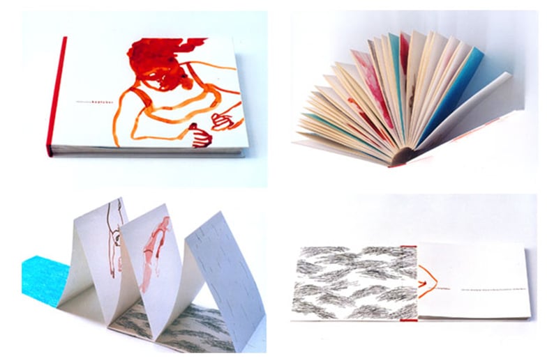 Buchprojekt „Kopfüber”, Aquarell, Bleistift- und Wachsmalerzeichnungen, Text: „Monolog der T. Jo im Mercey Krankenhaus” von Max Bense 