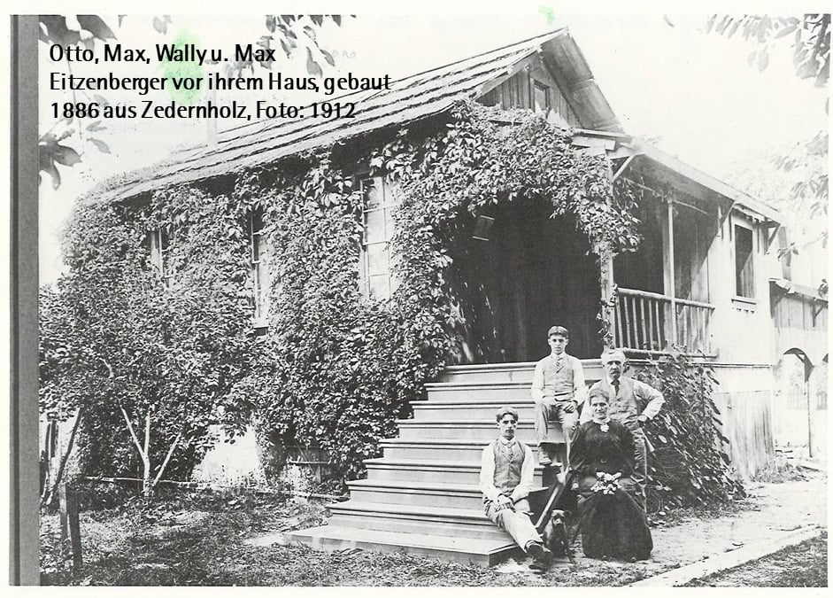 Otto, Max, Wally und Max Eitzenberger vor ihrem Haus, gebaut 1886 aus Zedernholz, Foto: 1912