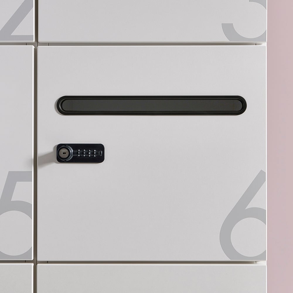 Combination lock combined with a letter-box opening in black or white.