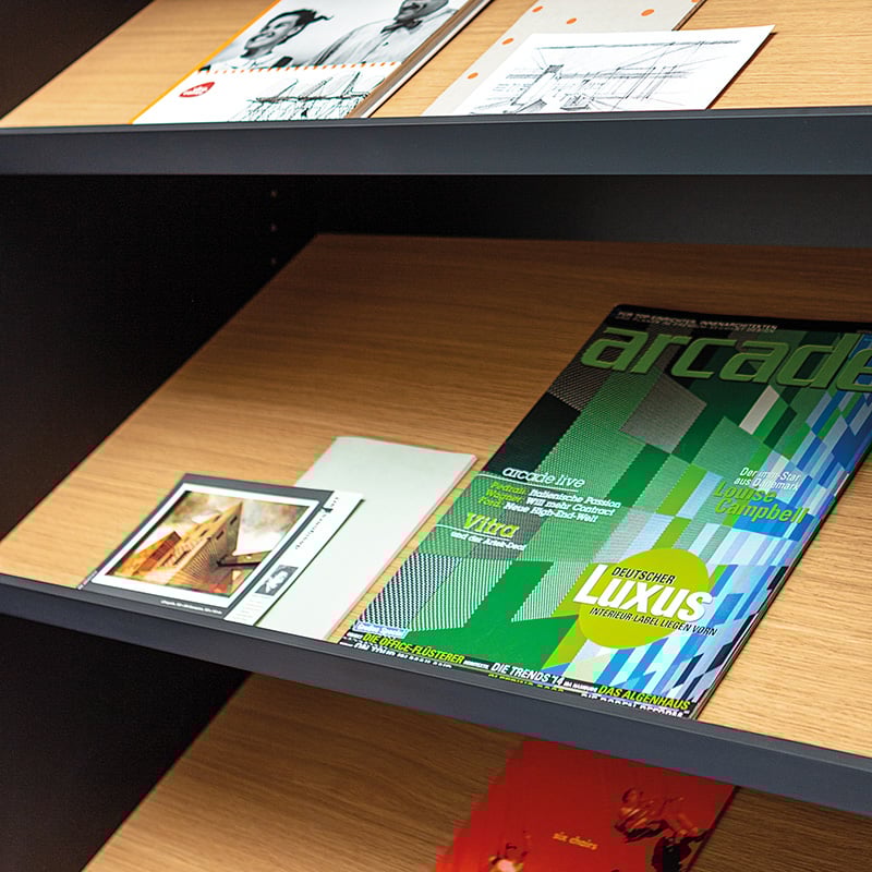 Angled shelves for brochures can be integrated according to customer specifications.