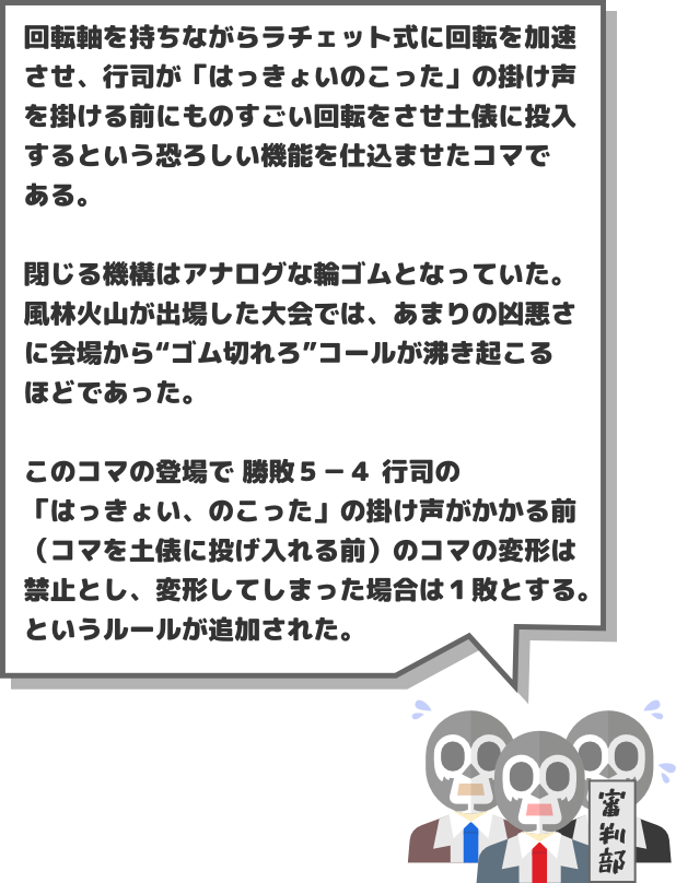 回転軸を持ちながらラチェット式に回転を加速させ、行司が「はっきょいのこった」の掛け声を掛ける前にものすごい回転をさせ土俵に投入するという恐ろしい機能を仕込ませたコマである。閉じる機構はアナログな輪ゴムとなっていた。風林火山が出場した大会では、あまりの凶悪さに会場から“ゴム切れろ”コールが沸き起こるほどであった。このコマの登場で勝敗５－４行司の「はっきょい、のこった」の掛け声がかかる前 （コマを土俵に投げ入れる前）のコマの変形は禁止とし、変形してしまった場合は１敗とする。というルールが追加された。