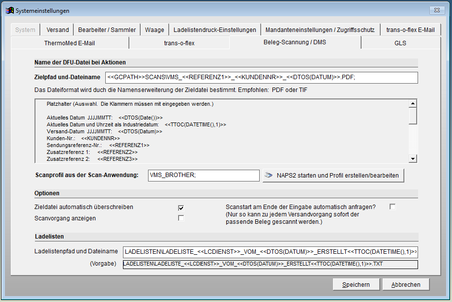 Programmeinstellungen - hier das optionale Scan-Modul für Begleitpapiere