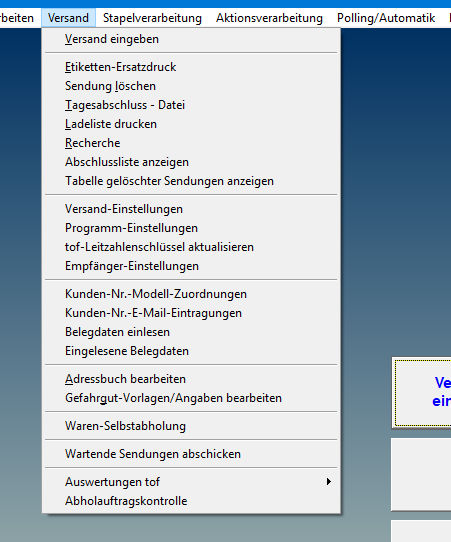 Menüoptionen Versand