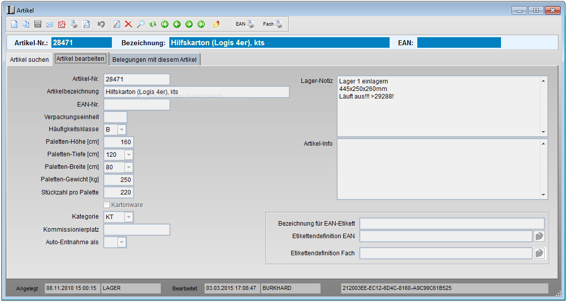 Artikelstammdaten mit Rechengrößen