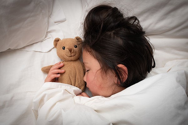 テディベアと一緒にぐっすり寝る女の子