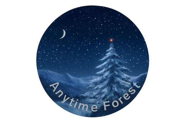 よる森 / YORUMORIのシンボルアイコン-AnytimeForest-冬至の日の夜空の三日月が照らす森のもみの木