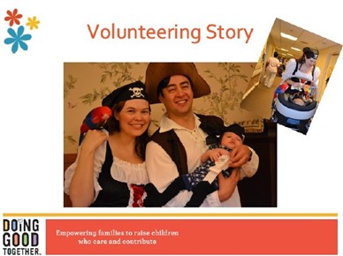 発表者ミアレスさんとそのご家族。ハロウィーンのコスチュームでお子さん3か月の時に、高齢者施設を訪問。利用者の方に喜ばれ、お子さんにとっても初のボランティア体験となった。