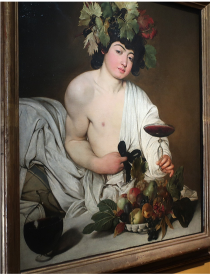 Bacchus (Late 16th century, by Caravaggio) Depicted wearing an ivy crown and holding wine.