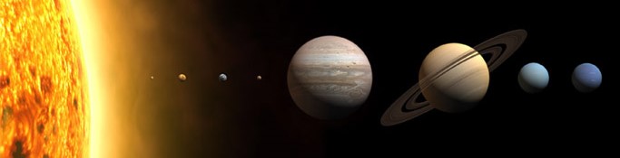 The Solar System: The left end shows a part of the Sun. The largest star in the middle is Jupiter. The star with rings to the right of Jupiter is Saturn. Earth is the third planet from the Sun, the small blue star, second from the left of Jupiter.