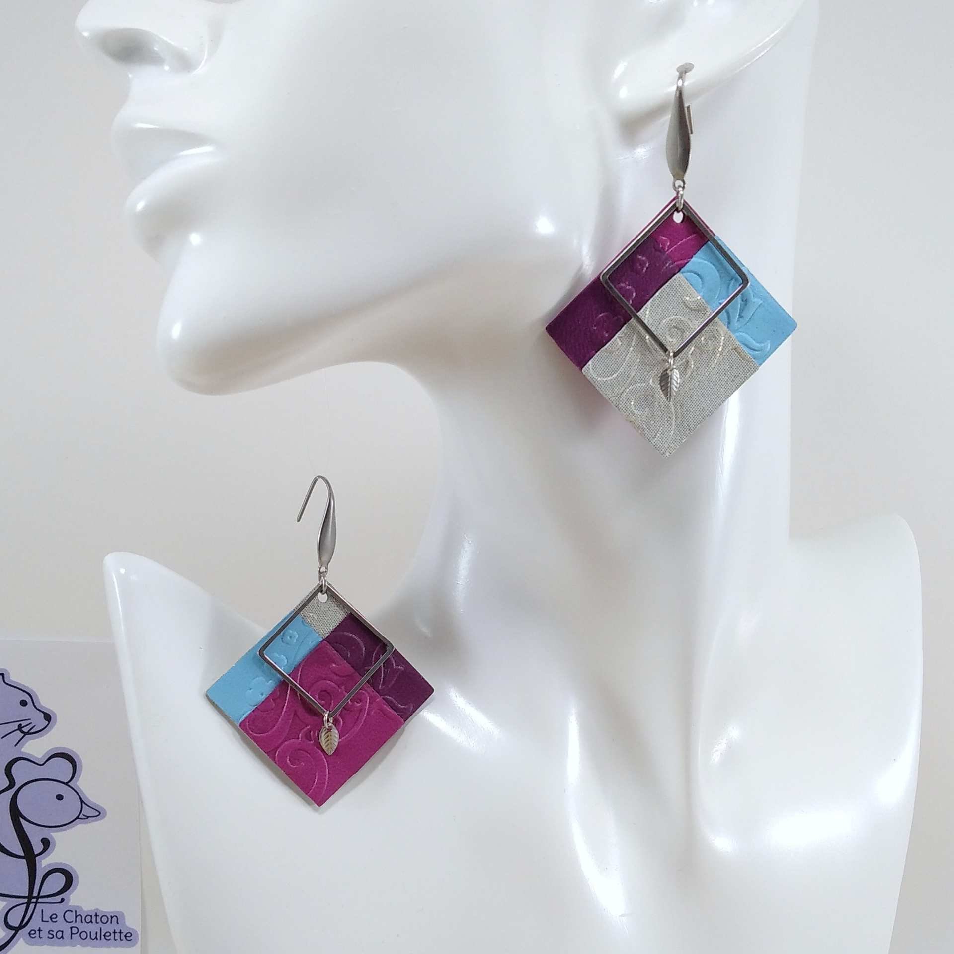 VENDUES ! B.O. FORMIDABLE modèle n°10 Cuirs fuchsia/bleu azur/argent irisé/améthyste, breloques carré et feuille inox